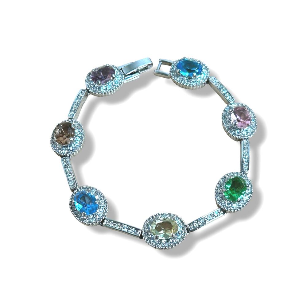 Vintage Camrose Kross JBK Multi Color Oval Pastel Crystal Halo Tennis Bracelet